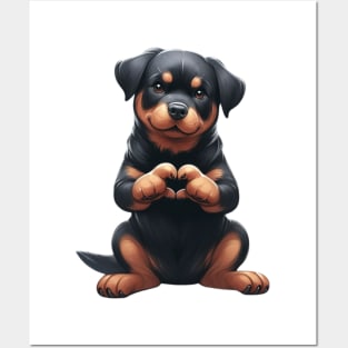 Valentine Rottweiler Dog Giving Heart Hand Sign Posters and Art